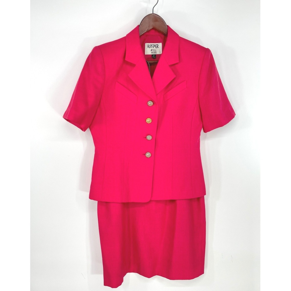 Vintage Kasper ASL Womens Skirt Suit 8P Set Pink Short Sleeve Blazer Skirt